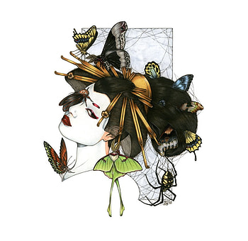 Geisha with Spider, artwork, abstract, butterfly, fantasy, geisha, spider HD wallpaper