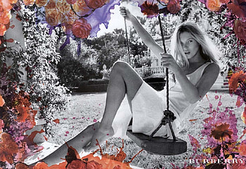 Kate Moss for Burberry, graphy, colors, supermodel, beauty, celebrity, outside, delicate, black and white, burberry, sensual, sexy, blond, roses, swing, beautiful, woman, star, fashion, white dress, pretty, kate moss, flowers, tempting, lovely, legs HD wallpaper