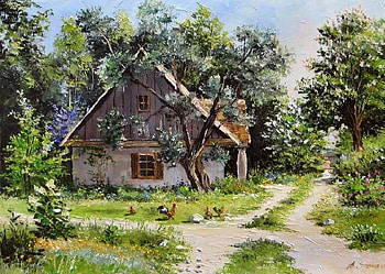 Beata Szwed, painting, art, path, house, nature, rooster, tree HD wallpaper