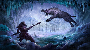 saber tooth, teeth, caveman, snow, trees, canines, spear, predator, ice HD wallpaper