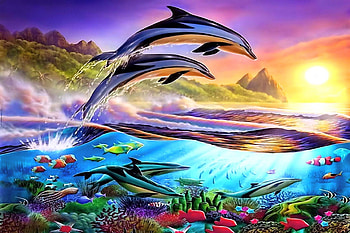 Dolphins' Paradise, adrian, sea, coral, paradise, dolphin, painting, underwater, fish, chesterman, sunset, ocean HD wallpaper