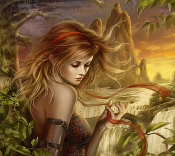 For The Wind, art, waterfall, girl, mountains, tree HD wallpaper