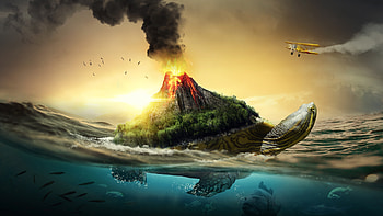 Volcano, turtle, fantasy, sea, art HD wallpaper