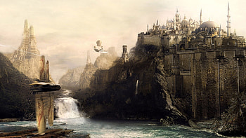 Rivers, Fantasy, Mountains, City, Waterfall, Wall, Flight, Buildings HD wallpaper