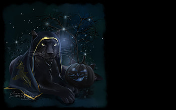 Big magic cat Halloween, lorri kajenna, black, cat, dark, halloween, fantasy, pisici, panther, pumpkin, luminos HD wallpaper