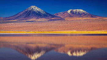 A reflection of Licancabur, Atacama Desert, Chile, landscape, mirror, hills, water, sky HD wallpaper