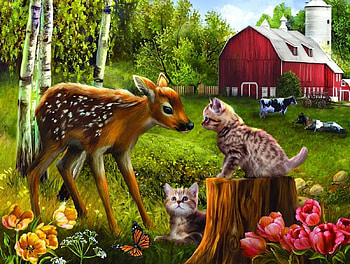 young bamby and cat, cat, bamby, animals, deer HD wallpaper
