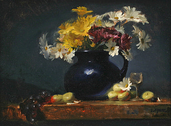Dancing Bouquet, wooden, table, yellows, purples, grapes, whites, garden, spring, fresh, daisies, apples, pitcher, deep blue, glass, flowers HD wallpaper