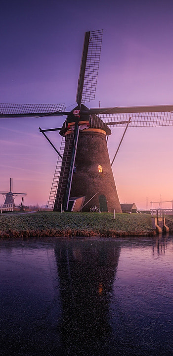 Netherlands, Windmill building, Sunrise, Field reflections HD phone wallpaper