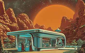 Futuristic Desert Gas Station with Vintage Sci-Fi Aesthetic, Sci Fi, gas station, desert, Vintage aesthetic HD wallpaper