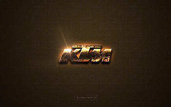 KTM golden logo, artwork, brown metal background, KTM emblem, KTM logo, brands, KTM HD wallpaper