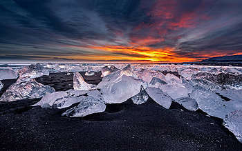 Snow pieces, coast, sunset, nature HD wallpaper