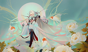 :), peony, lyart, fish, ly, flute, art, man, moon, fantasy, flower, pesti, luna HD wallpaper