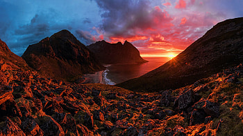 Rainy Sunset in Northern Norway, sea, scandinavia, coast, clouds, colors, sky, rocks, sun HD wallpaper
