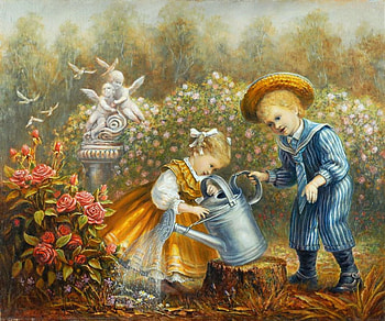 Victorian Childhood, artwork, painting, boy, garden, flowers, girl HD wallpaper