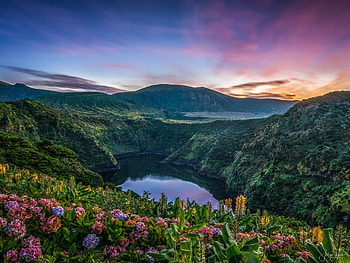 Flower lake, Azores sunset, Majestic mountains, Portugal HD wallpaper