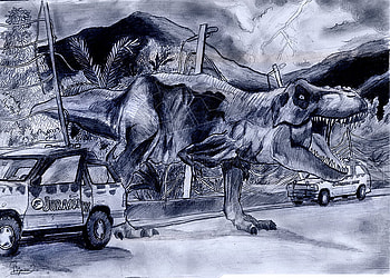 Jurrasic Park art work, jurrasic park, tyrant-lizard-king, car, tyranosaurus rex HD wallpaper