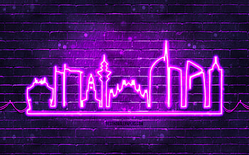 Milan violet neon silhouette, , violet neon lights, Milan skyline silhouette, violet brickwall, italian cities, neon skyline silhouettes, Italy, Milan silhouette, Milan HD wallpaper