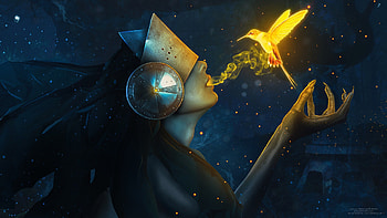 Lifemaiden, blue, bird, art, girl, dark, woman, thebakaarts, fantasy, yellow, luminos HD wallpaper