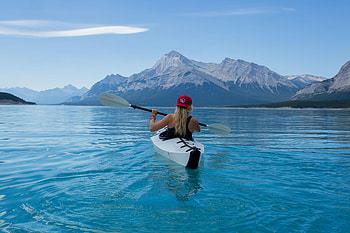 Water, Mountains, Miscellanea, Miscellaneous, Girl, Boat, Kayak, Oars, Paddles HD wallpaper