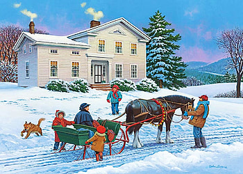 All Aboard, snow, winter, sleigh, horse, painting, house, tree HD wallpaper