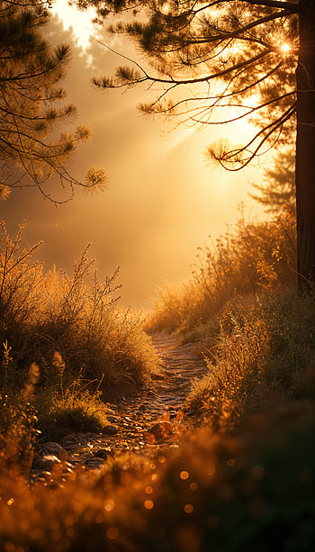 Golden Dawn: A Tranquil Path for Your , nature, forest, sunrise, path, light HD phone wallpaper