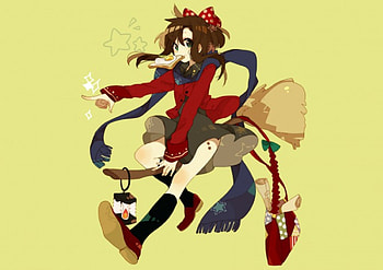~yami chan~flying to magical school, hair band, bag, toast, cute, flying, magical broom, stars, long hair, cute girl, cute ribbon, brown hair, pretty girl, bread, casual clothes HD wallpaper