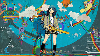 Colorful girl with a chainsaw, sexy, colorful, color, hot, girl, school uniform, chainsaw, anime girl, anime, spotlight, female HD wallpaper