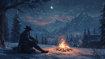 Yuletide Hunter Bonfire | Bloodborne Night | Snowy Xmas Bonfire, Bloodborne, Christmas Gaming, bonfire, snowy landscape, night HD wallpaper