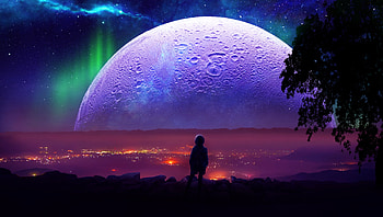 My world, universe, landscape, sky, stars, aurora, tree, digital, moon, planet, boy HD wallpaper