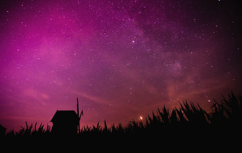 Nature, Starry Sky, Outlines, Mill HD wallpaper