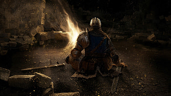Bonfire, knight armor, sword, elite knight, knight, dark souls, video game, ruins, castle HD wallpaper
