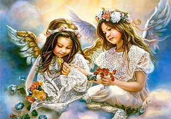 Angels with Flowers, wings, flowers, girls, angels HD wallpaper