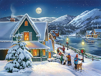 Snow Moon, people, tree, river, painting, christmas, cottage, mountains HD wallpaper