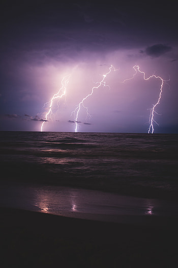 Nature, Sea, Night, Lightning, Horizon, Mainly Cloudy, Overcast HD phone wallpaper