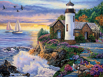 Perfect Dawn, sea, lighthouse, rocks, waves, painting, boats, clouds, sky, cottage, cliff HD wallpaper