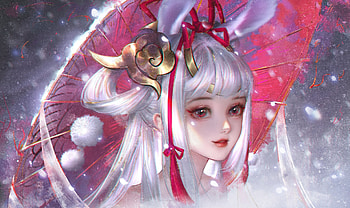 Bunny girl with parasol, yanmin jin, white, frumusete, cute, parasol, girl, bunny, pink, yanmin job n, fantasy, face, ears, luminos HD wallpaper