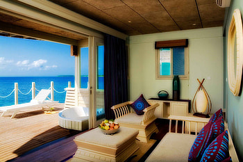 Lovely View, table, room, jacuzzi, couch, villa, chairs, vases, view, deck, pillows, ocean HD wallpaper