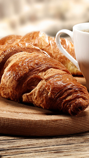 Croissant, Cup of coffee, Breakfast drink HD phone wallpaper