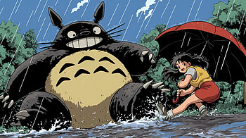 Totoro in the Rain, Anime, My Neighbor Totoro, Totoro (My Neighbor Totoro), umbrella, rain, Rain Anime HD wallpaper