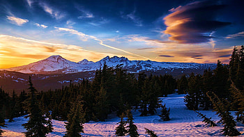 Sun drops behind sky begins to glow, winter, snow, colors, clouds, trees, landscape, mountains, sunrise HD wallpaper