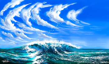 Birds, Art, Sea, Clouds, Waves HD wallpaper