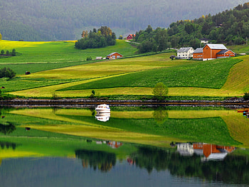 Charming Landscape, ship, landscape, beautiful, serene, houses, charming, field, green, trees, lovely HD wallpaper