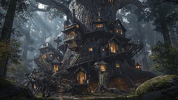 Ancient Treehold — Enchanted Treehouse Village, Treehouse, Tree, Forest, Village HD wallpaper