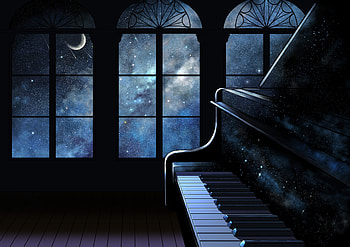 Serenity, blue, night, black, window, stars, instrument, moon, fantasy, piano, luna HD wallpaper