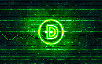 Dogecoin green logo, , green brickwall, Dogecoin logo, cryptocurrency, Dogecoin neon logo, Dogecoin HD wallpaper