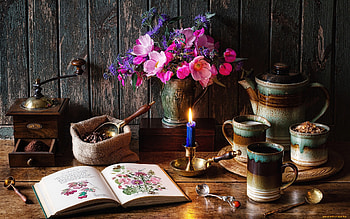 Coffee Still Life, still life, coffee, book, candle HD wallpaper