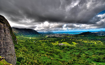 Landscape, sea, grass, green, clouds, trees, view, nature, sky, mountains, village, storm, ocean HD wallpaper