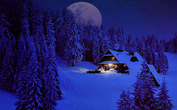 Winter Night, Winter, moon, snow, trees, cabin HD wallpaper