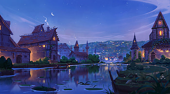 Art, Houses, Rivers, Evening, Fairy, Fabulous HD wallpaper